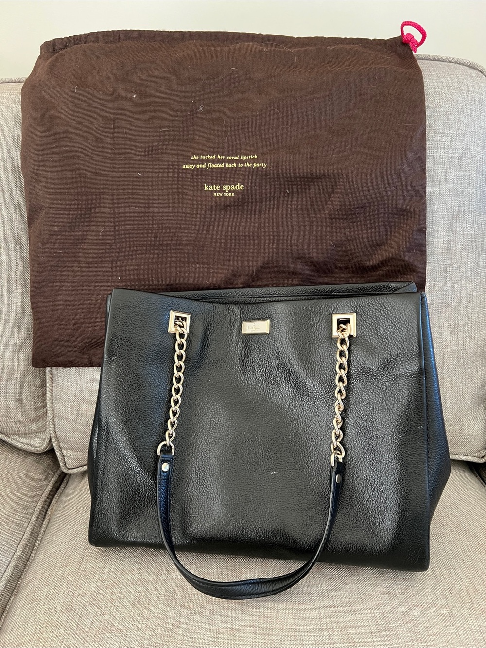 kate spade Black Leather Tote with Gold Chain Handles